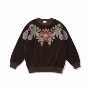 Rafael Vintage Brown Velour Embroidered Floral Beaded Sweatshirt, Women's Small